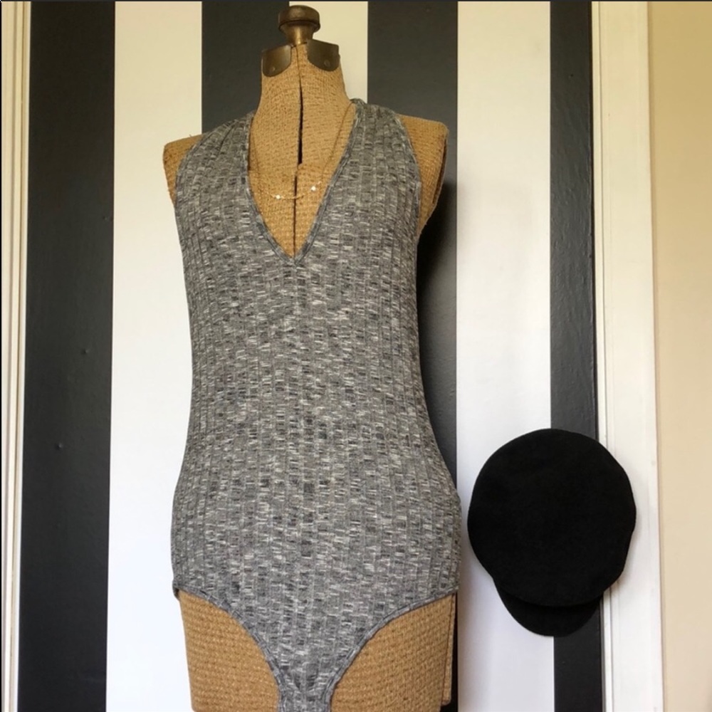 Cleo | Heather Gray Ribbed Halter Bodysuit | XL